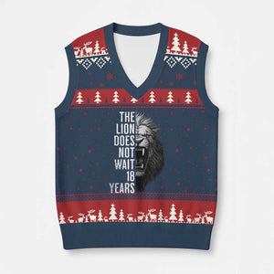 Funny The Lion Does Not Wait 18 Years V-Neck Knit Sweater Vest Lion Meme Gen Z Alpha TS11 Navy Red Print Your Wear