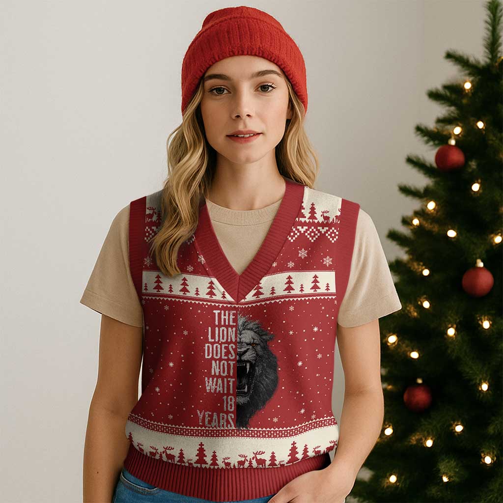 Funny The Lion Does Not Wait 18 Years V-Neck Knit Sweater Vest Lion Meme Gen Z Alpha TS11 Red Beige Print Your Wear