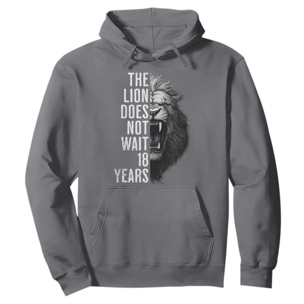 Funny The Lion Does Not Wait 18 Years Hoodie Lion Meme Gen Z Alpha TS11 Charcoal Print Your Wear