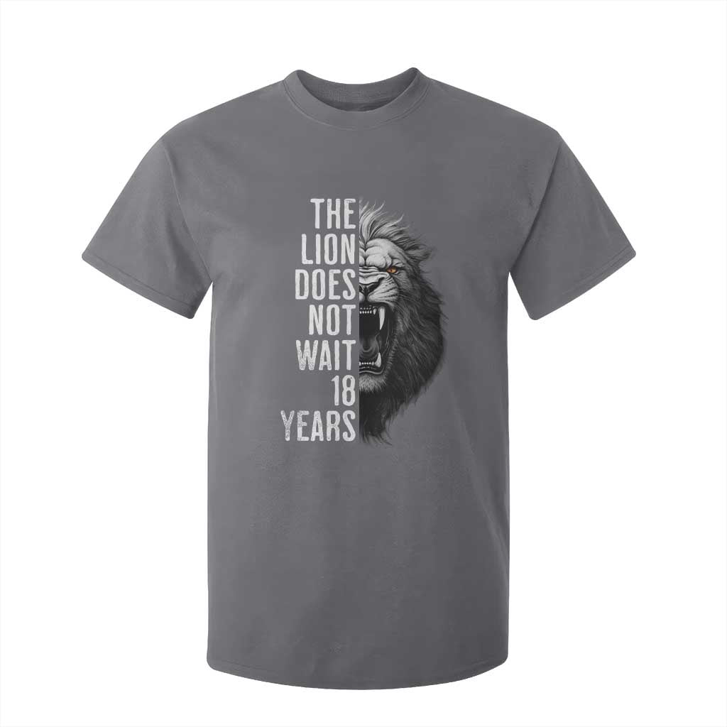 Funny The Lion Does Not Wait 18 Years T Shirt For Kid Lion Meme Gen Z Alpha TS11 Charcoal Print Your Wear