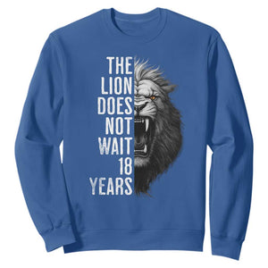 Funny The Lion Does Not Wait 18 Years Sweatshirt Lion Meme Gen Z Alpha TS11 Royal Blue Print Your Wear