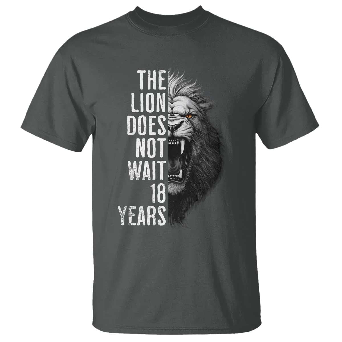 Funny The Lion Does Not Wait 18 Years T Shirt Lion Meme Gen Z Alpha TS11 Dark Heather Print Your Wear