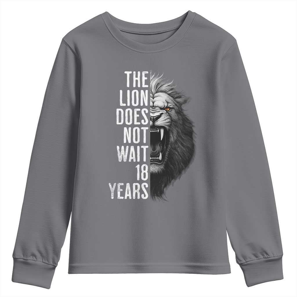 Funny The Lion Does Not Wait 18 Years Youth Sweatshirt Lion Meme Gen Z Alpha TS11 Charcoal Print Your Wear