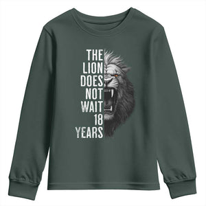 Funny The Lion Does Not Wait 18 Years Youth Sweatshirt Lion Meme Gen Z Alpha TS11 Dark Forest Green Print Your Wear