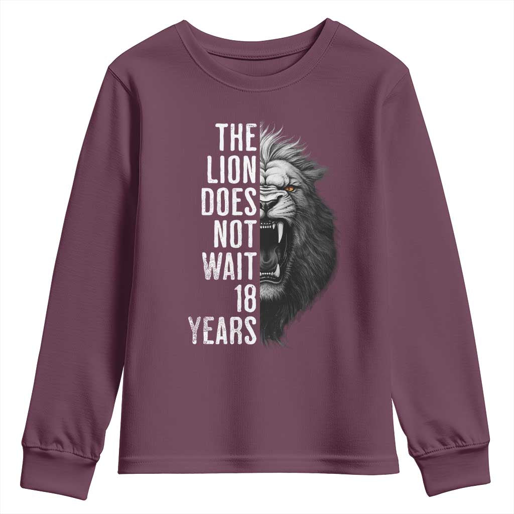 Funny The Lion Does Not Wait 18 Years Youth Sweatshirt Lion Meme Gen Z Alpha TS11 Maroon Print Your Wear