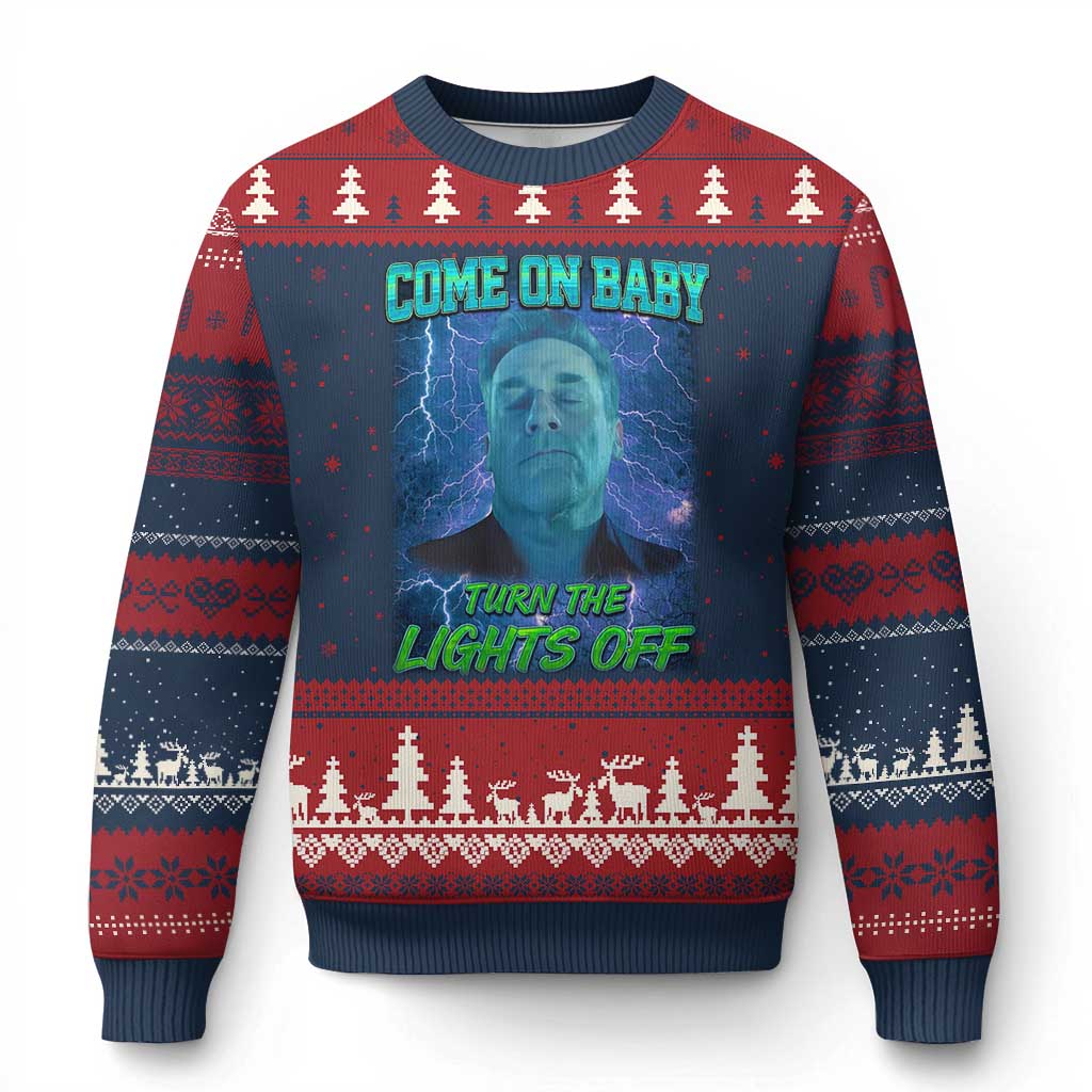 Funny Come On Baby Turn The Lights Off Ugly Christmas Sweater Dance Club Meme TS11 Navy Red Print Your Wear