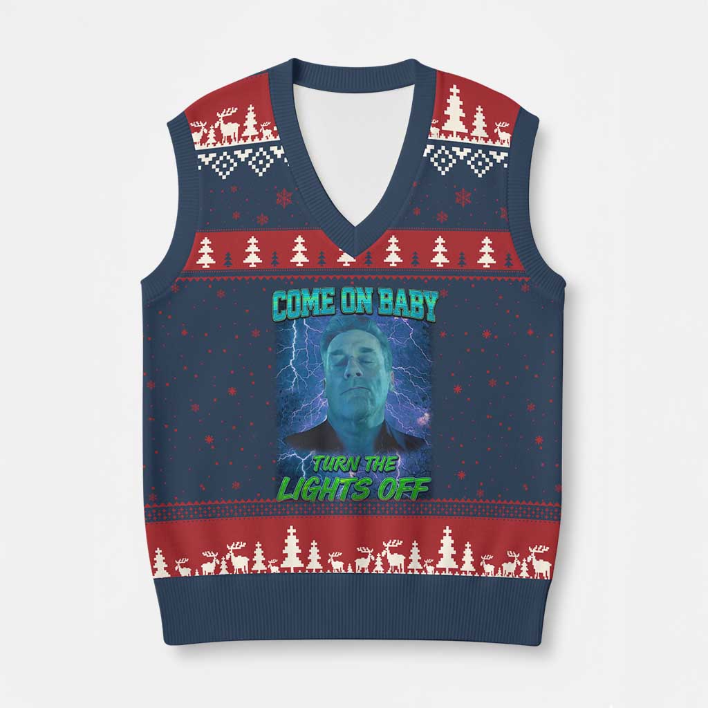 Funny Come On Baby Turn The Lights Off V-Neck Knit Sweater Vest Dance Club Meme TS11 Navy Red Print Your Wear