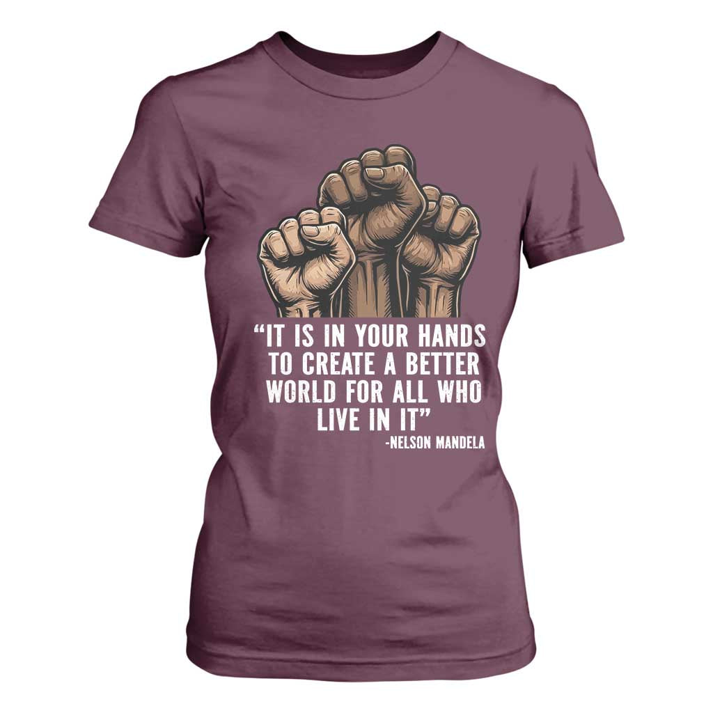 Nelson Mandela T Shirt For Women It Is In Your Hands To Create A Better World For All Who Live In It TS11 Maroon Print Your Wear