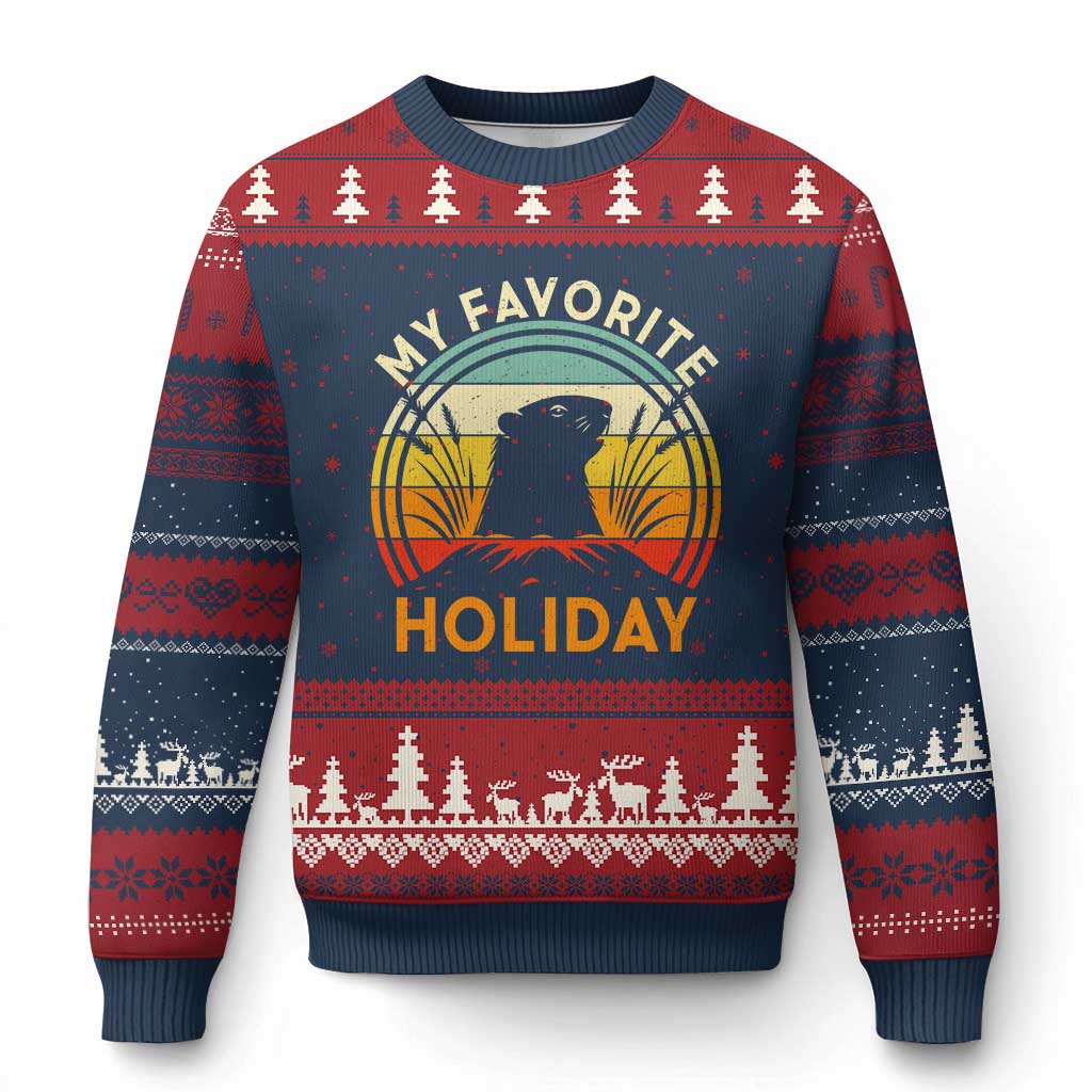 Funny Groundhog Day Ugly Christmas Sweater My Favorite Holiday Retro Vintage Woodchuck TS11 Navy Red Print Your Wear