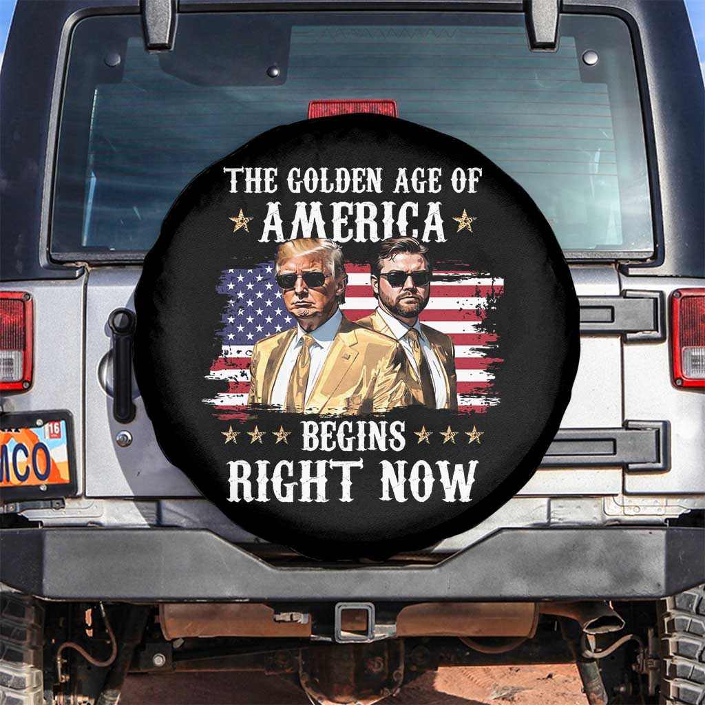 Funny Trump Vance 2025 Spare Tire Cover The Golden Age Of America Begins Right Now American Flag TS11 No hole Black Print Your Wear