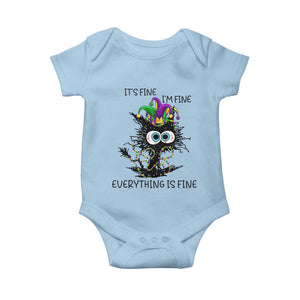Funny Mardi Gras Cat Baby Onesie It's Fine I'm Fine Everything Is Fine Jester Hat Beads TS11 Light Blue Print Your Wear
