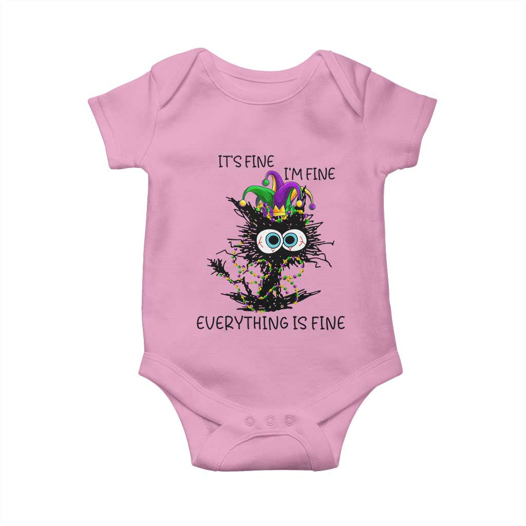 Funny Mardi Gras Cat Baby Onesie It's Fine I'm Fine Everything Is Fine Jester Hat Beads TS11 Light Pink Print Your Wear