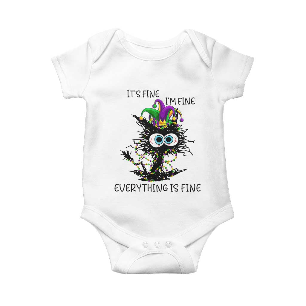 Funny Mardi Gras Cat Baby Onesie It's Fine I'm Fine Everything Is Fine Jester Hat Beads TS11 White Print Your Wear