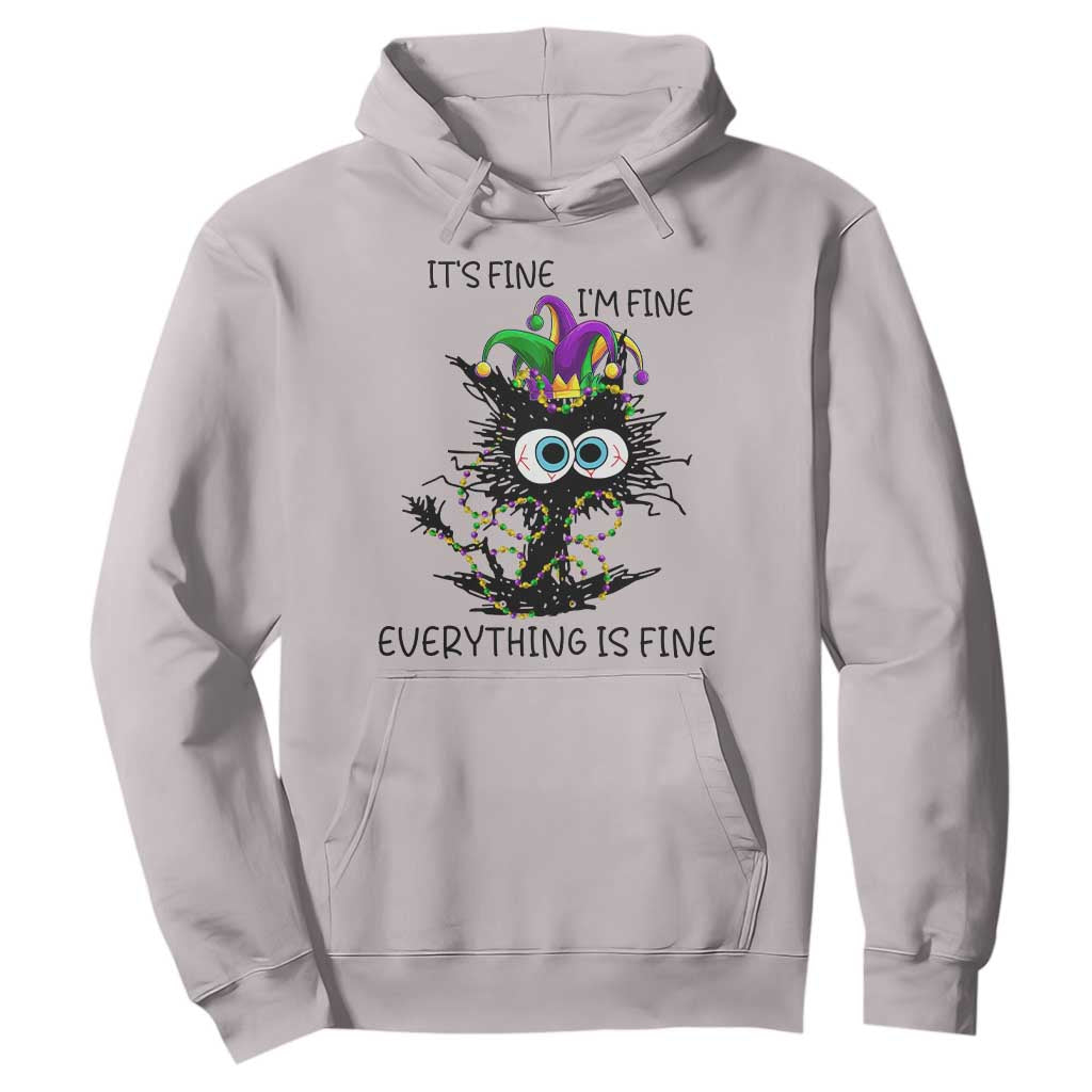 Funny Mardi Gras Cat Hoodie It's Fine I'm Fine Everything Is Fine Jester Hat Beads TS11 Ice Gray Print Your Wear