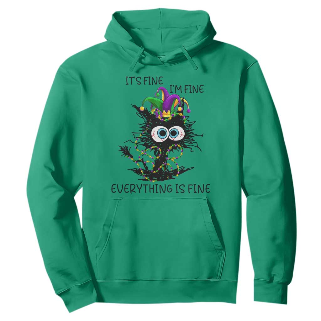 Funny Mardi Gras Cat Hoodie It's Fine I'm Fine Everything Is Fine Jester Hat Beads TS11 Irish Green Print Your Wear