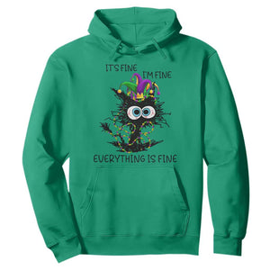 Funny Mardi Gras Cat Hoodie It's Fine I'm Fine Everything Is Fine Jester Hat Beads TS11 Irish Green Print Your Wear