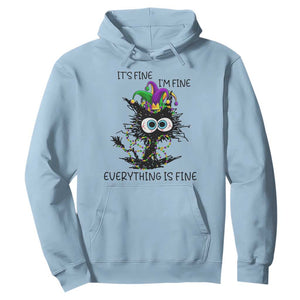 Funny Mardi Gras Cat Hoodie It's Fine I'm Fine Everything Is Fine Jester Hat Beads TS11 Light Blue Print Your Wear
