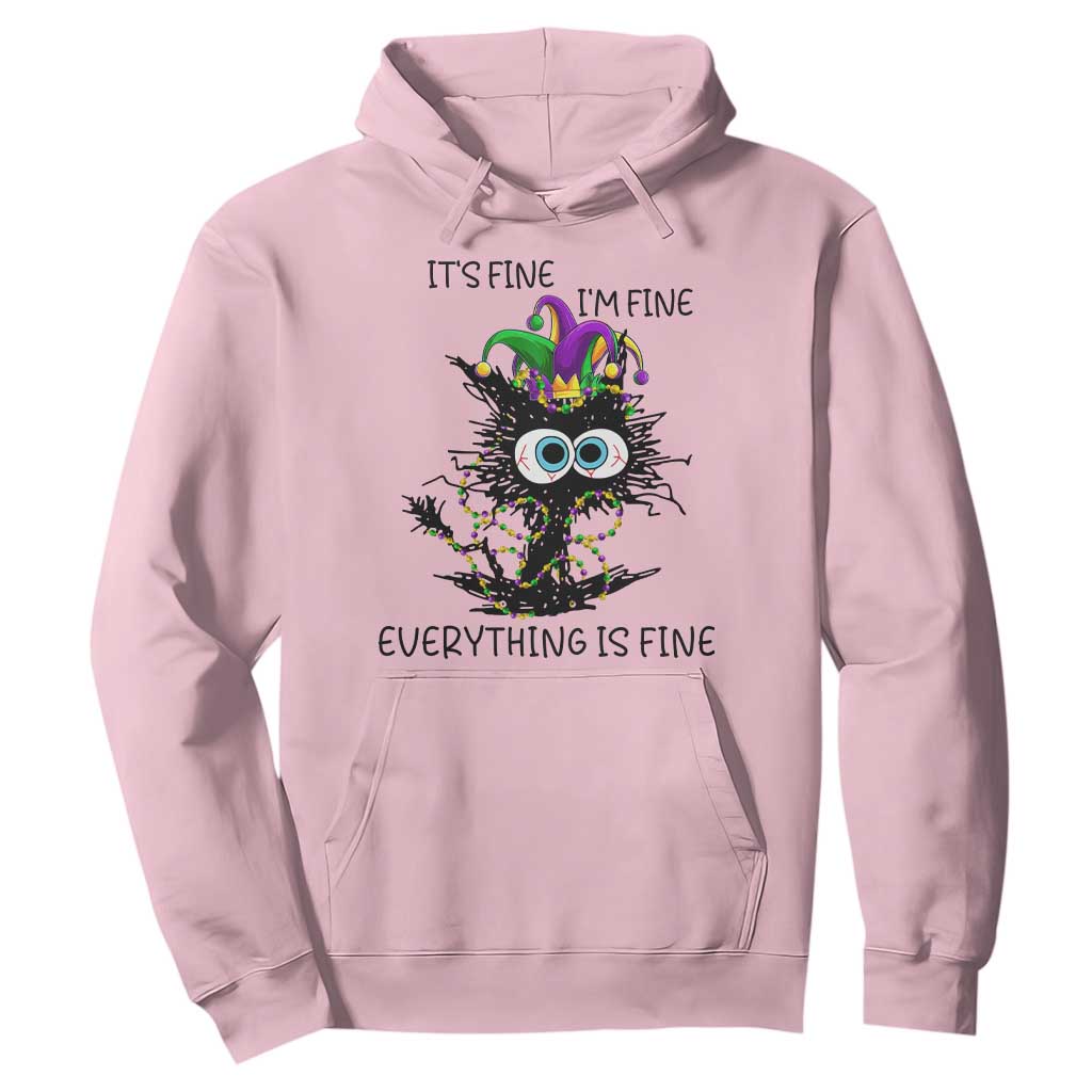 Funny Mardi Gras Cat Hoodie It's Fine I'm Fine Everything Is Fine Jester Hat Beads TS11 Light Pink Print Your Wear