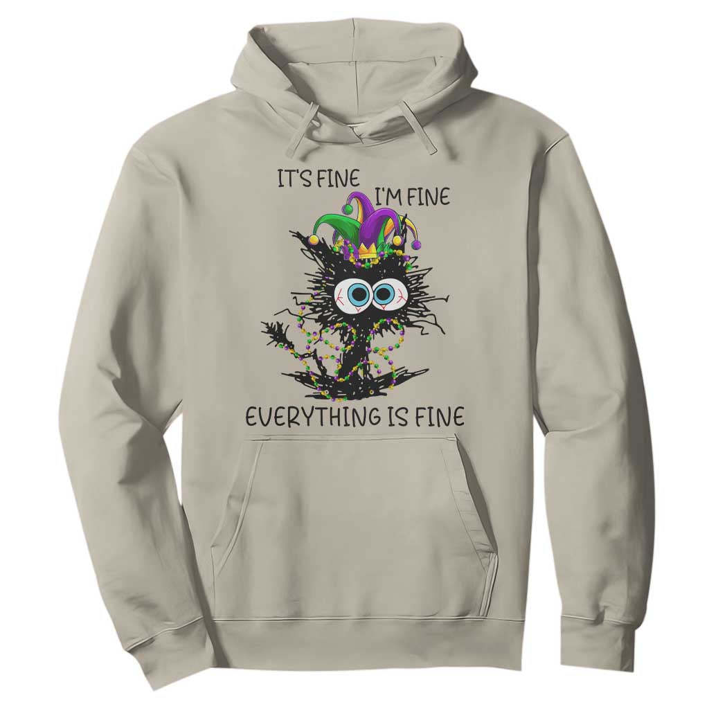 Funny Mardi Gras Cat Hoodie It's Fine I'm Fine Everything Is Fine Jester Hat Beads TS11 Sand Print Your Wear
