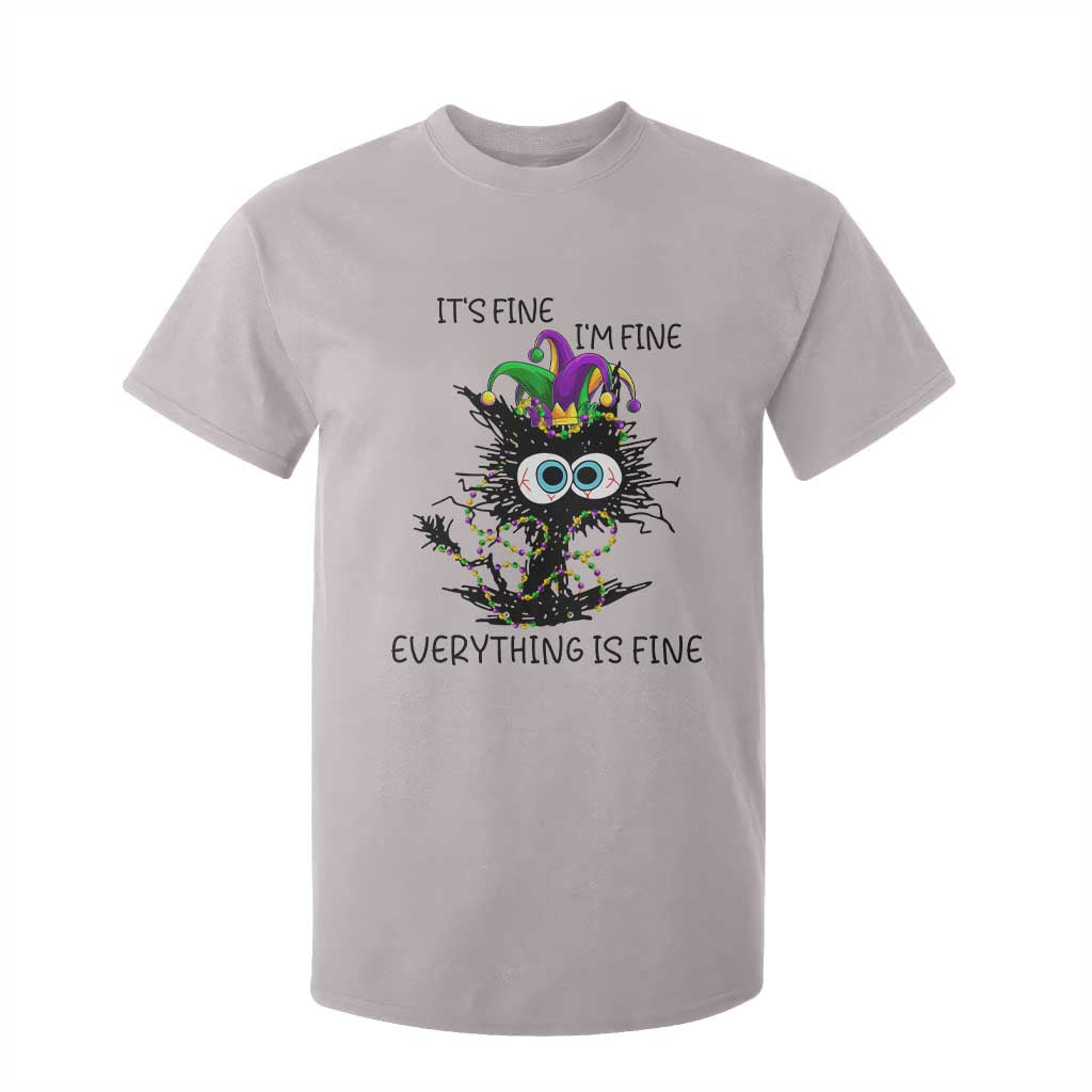 Funny Mardi Gras Cat T Shirt For Kid It's Fine I'm Fine Everything Is Fine Jester Hat Beads TS11 Ice Gray Print Your Wear