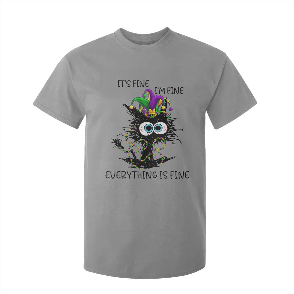 Funny Mardi Gras Cat T Shirt For Kid It's Fine I'm Fine Everything Is Fine Jester Hat Beads TS11 Sport Gray Print Your Wear