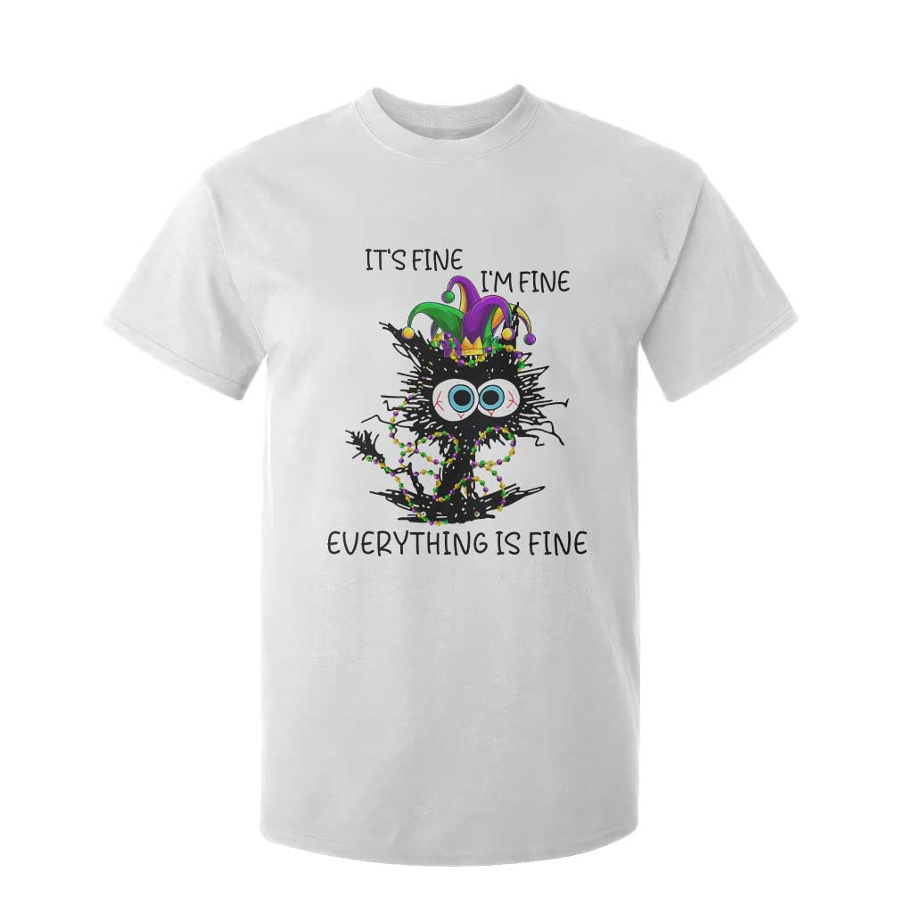 Funny Mardi Gras Cat T Shirt For Kid It's Fine I'm Fine Everything Is Fine Jester Hat Beads TS11 White Print Your Wear