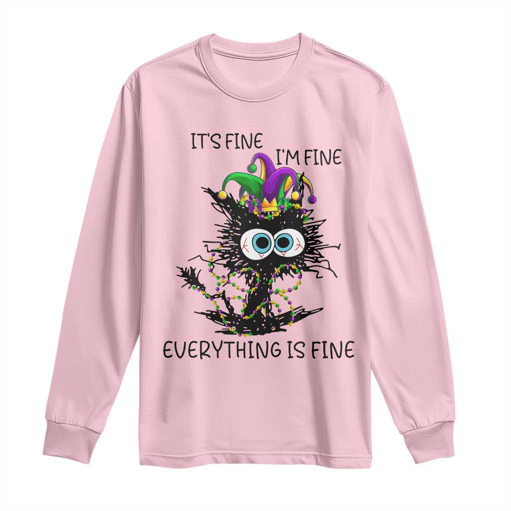 Funny Mardi Gras Cat Long Sleeve Shirt It's Fine I'm Fine Everything Is Fine Jester Hat Beads TS11 Light Pink Print Your Wear