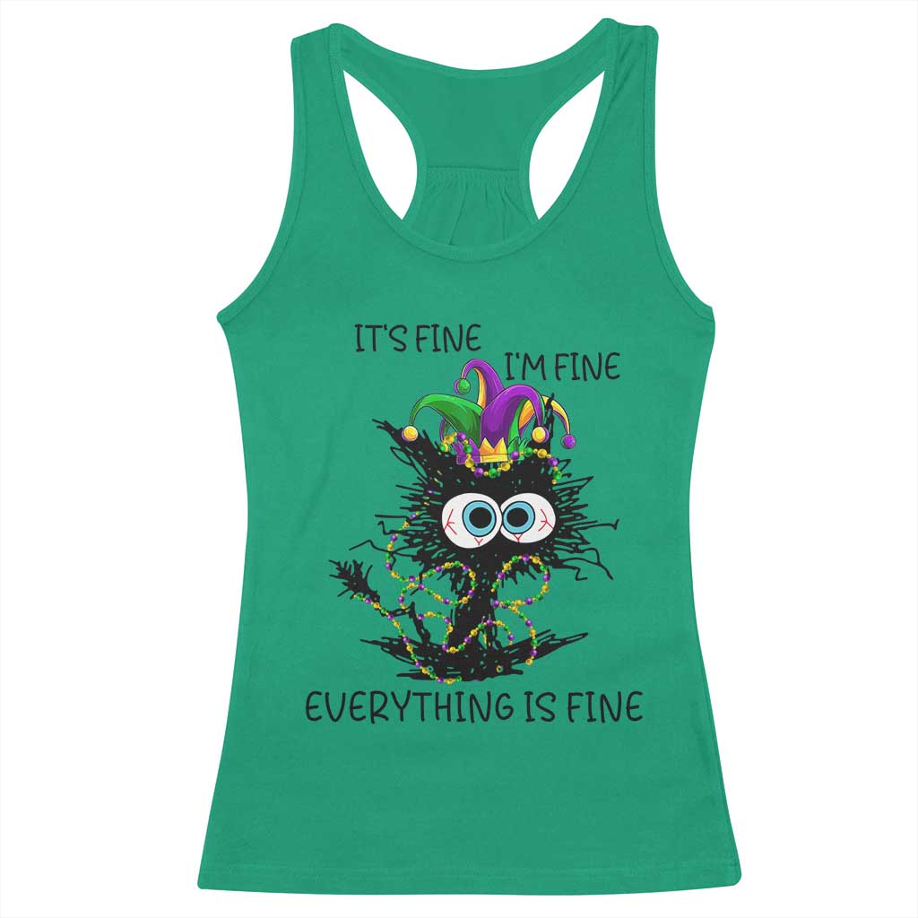 Funny Mardi Gras Cat Racerback Tank Top It's Fine I'm Fine Everything Is Fine Jester Hat Beads TS11 Irish Green Print Your Wear