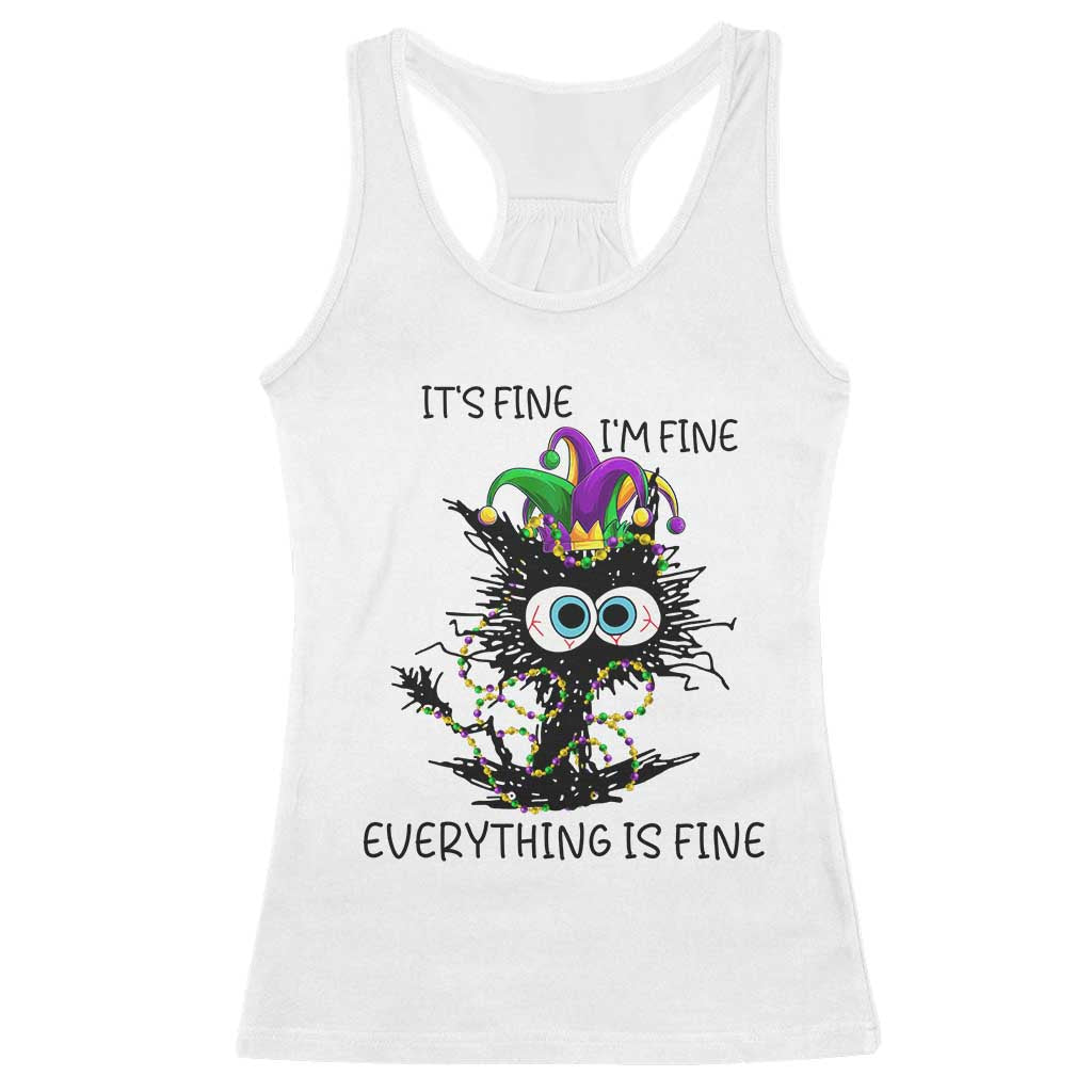 Funny Mardi Gras Cat Racerback Tank Top It's Fine I'm Fine Everything Is Fine Jester Hat Beads TS11 White Print Your Wear