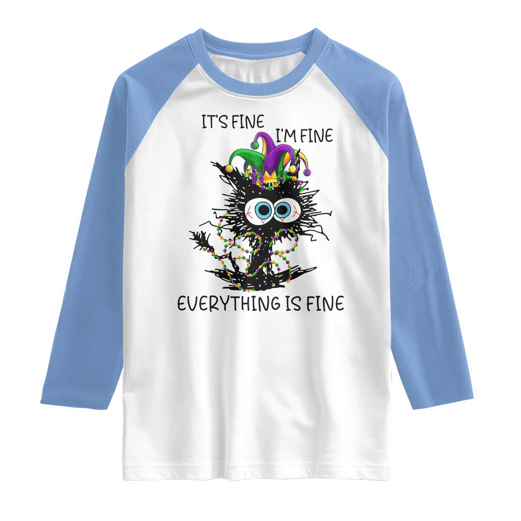 Funny Mardi Gras Cat Raglan Shirt It's Fine I'm Fine Everything Is Fine Jester Hat Beads TS11 White Carolina Blue Print Your Wear