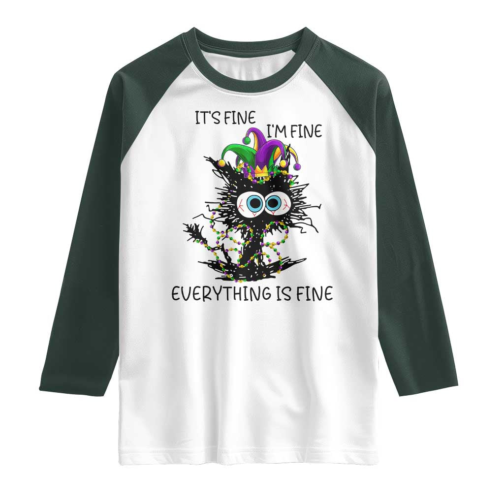 Funny Mardi Gras Cat Raglan Shirt It's Fine I'm Fine Everything Is Fine Jester Hat Beads TS11 White Dark Forest Green Print Your Wear