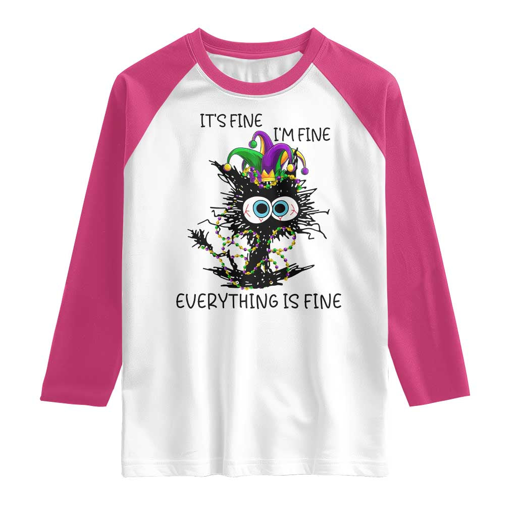 Funny Mardi Gras Cat Raglan Shirt It's Fine I'm Fine Everything Is Fine Jester Hat Beads TS11 White Heliconia Print Your Wear