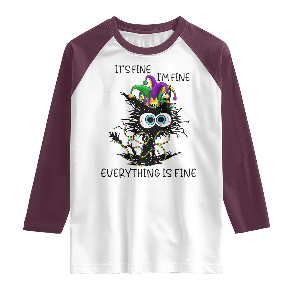 Funny Mardi Gras Cat Raglan Shirt It's Fine I'm Fine Everything Is Fine Jester Hat Beads TS11 White Maroon Print Your Wear