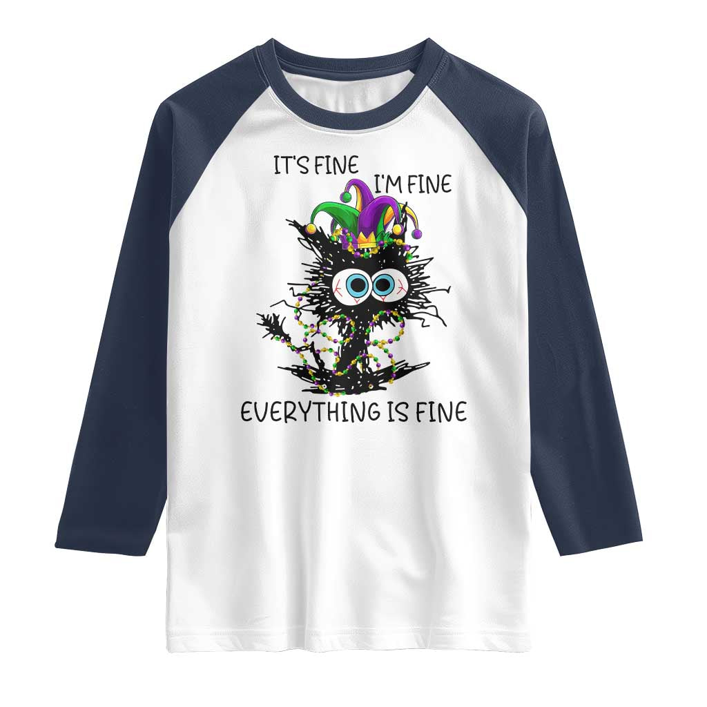 Funny Mardi Gras Cat Raglan Shirt It's Fine I'm Fine Everything Is Fine Jester Hat Beads TS11 White Navy Print Your Wear