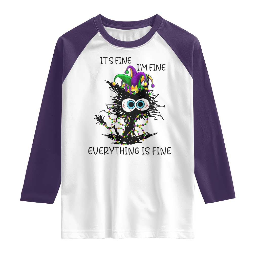 Funny Mardi Gras Cat Raglan Shirt It's Fine I'm Fine Everything Is Fine Jester Hat Beads TS11 White Purple Print Your Wear