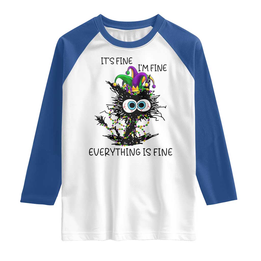 Funny Mardi Gras Cat Raglan Shirt It's Fine I'm Fine Everything Is Fine Jester Hat Beads TS11 White Royal Print Your Wear