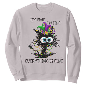 Funny Mardi Gras Cat Sweatshirt It's Fine I'm Fine Everything Is Fine Jester Hat Beads TS11 Ice Gray Print Your Wear