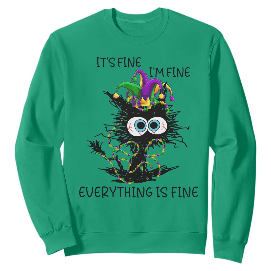 Funny Mardi Gras Cat Sweatshirt It's Fine I'm Fine Everything Is Fine Jester Hat Beads TS11 Irish Green Print Your Wear