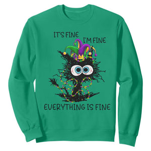 Funny Mardi Gras Cat Sweatshirt It's Fine I'm Fine Everything Is Fine Jester Hat Beads TS11 Irish Green Print Your Wear