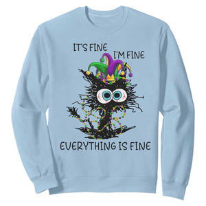 Funny Mardi Gras Cat Sweatshirt It's Fine I'm Fine Everything Is Fine Jester Hat Beads TS11 Light Blue Print Your Wear