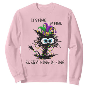 Funny Mardi Gras Cat Sweatshirt It's Fine I'm Fine Everything Is Fine Jester Hat Beads TS11 Light Pink Print Your Wear