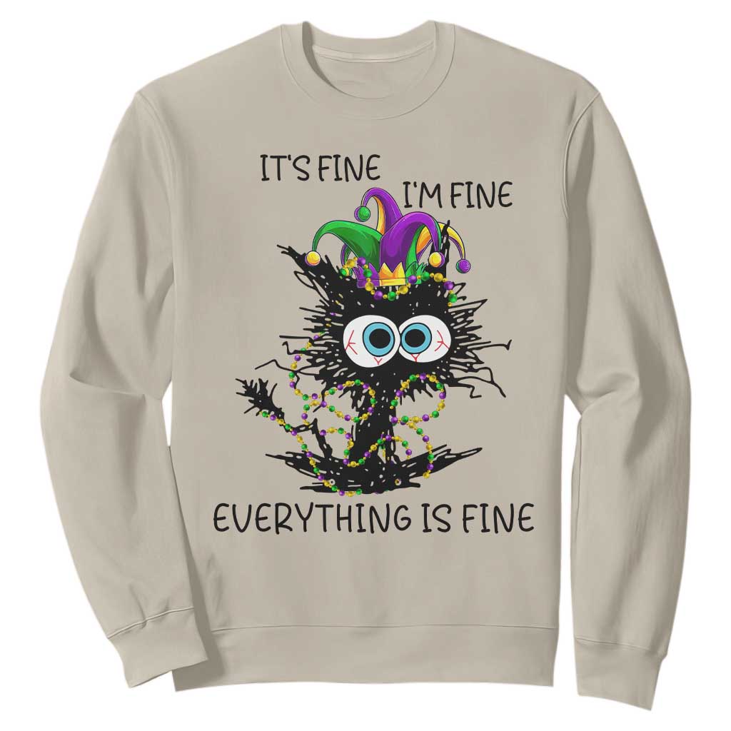 Funny Mardi Gras Cat Sweatshirt It's Fine I'm Fine Everything Is Fine Jester Hat Beads TS11 Sand Print Your Wear
