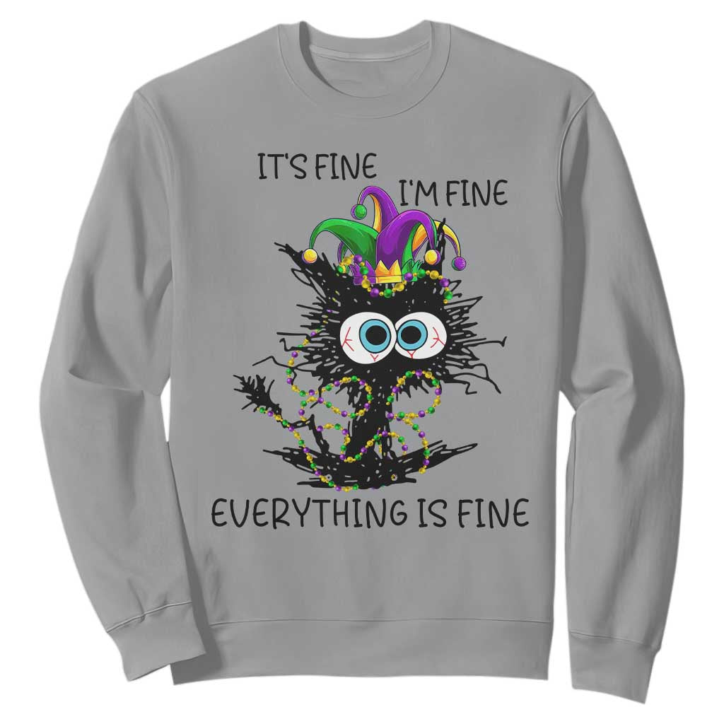 Funny Mardi Gras Cat Sweatshirt It's Fine I'm Fine Everything Is Fine Jester Hat Beads TS11 Sport Gray Print Your Wear
