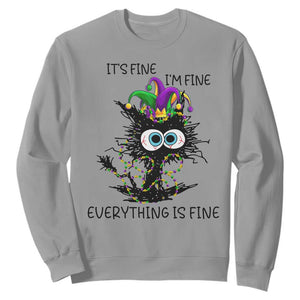 Funny Mardi Gras Cat Sweatshirt It's Fine I'm Fine Everything Is Fine Jester Hat Beads TS11 Sport Gray Print Your Wear
