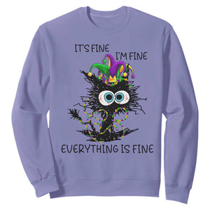 Funny Mardi Gras Cat Sweatshirt It's Fine I'm Fine Everything Is Fine Jester Hat Beads TS11 Violet Print Your Wear