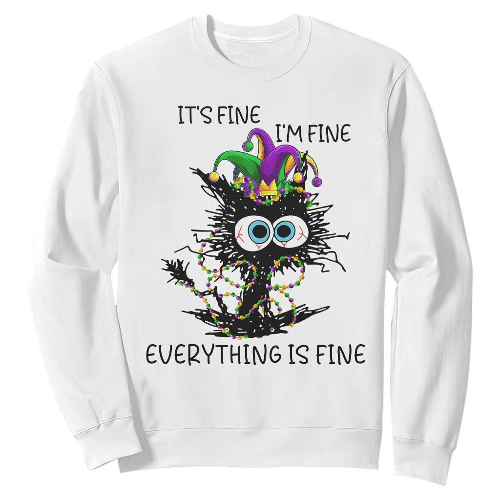 Funny Mardi Gras Cat Sweatshirt It's Fine I'm Fine Everything Is Fine Jester Hat Beads TS11 White Print Your Wear