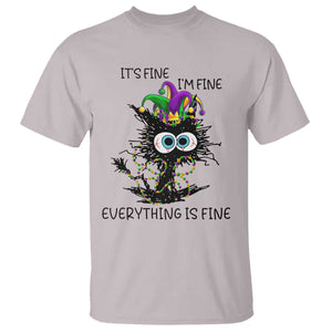 Funny Mardi Gras Cat T Shirt It's Fine I'm Fine Everything Is Fine Jester Hat Beads TS11 Ice Gray Print Your Wear