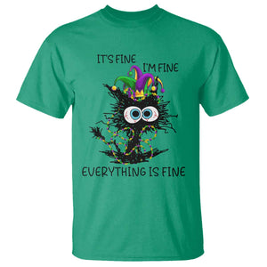 Funny Mardi Gras Cat T Shirt It's Fine I'm Fine Everything Is Fine Jester Hat Beads TS11 Irish Green Print Your Wear