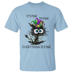Funny Mardi Gras Cat T Shirt It's Fine I'm Fine Everything Is Fine Jester Hat Beads TS11 Light Blue Print Your Wear