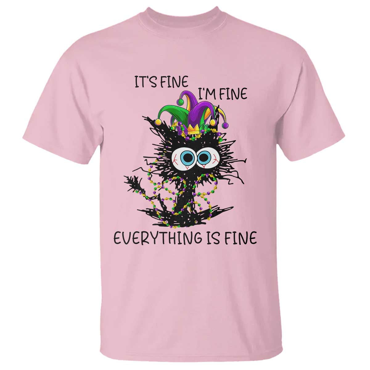 Funny Mardi Gras Cat T Shirt It's Fine I'm Fine Everything Is Fine Jester Hat Beads TS11 Light Pink Print Your Wear
